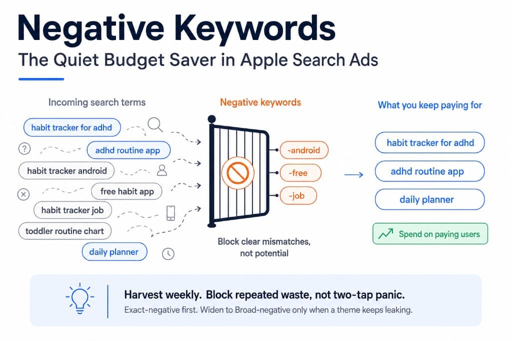 Diagram showing Apple Search Ads negative keywords blocking irrelevant search terms while keeping converting queries