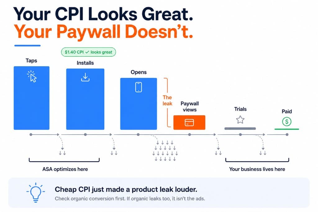 Diagram showing strong Apple Search Ads CPI collapsing into weak paywall conversion and flat subscription revenue