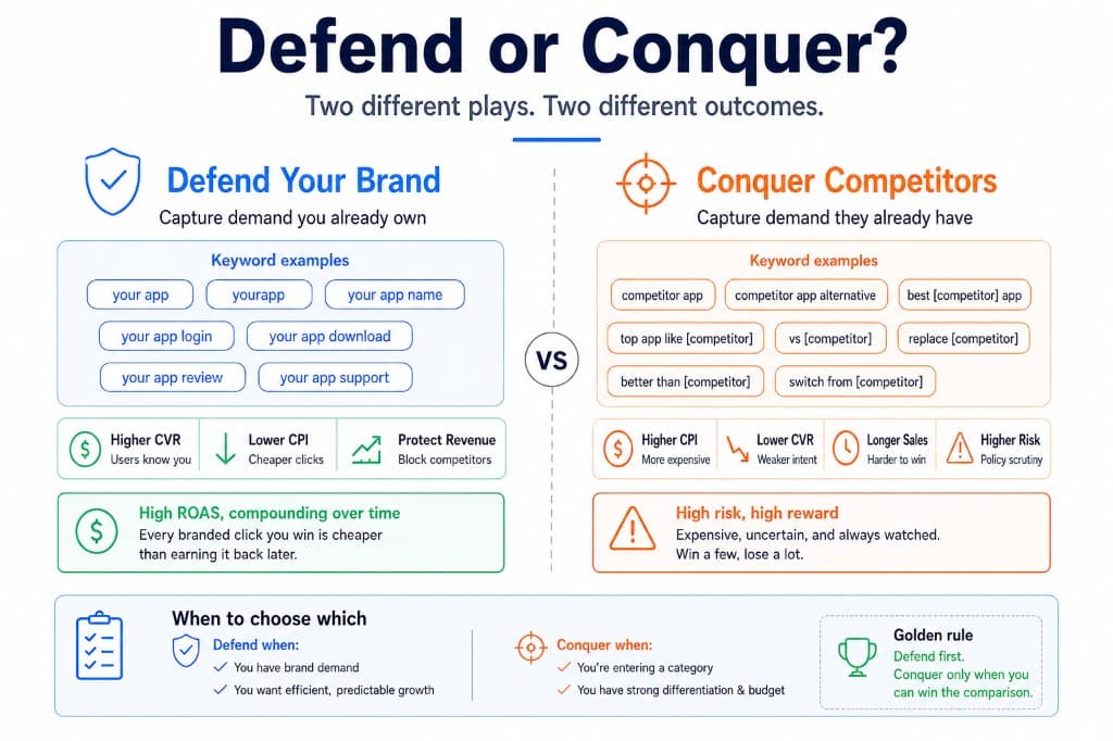 Diagram comparing brand defense, category keywords, and competitor conquest keywords in Apple Search Ads