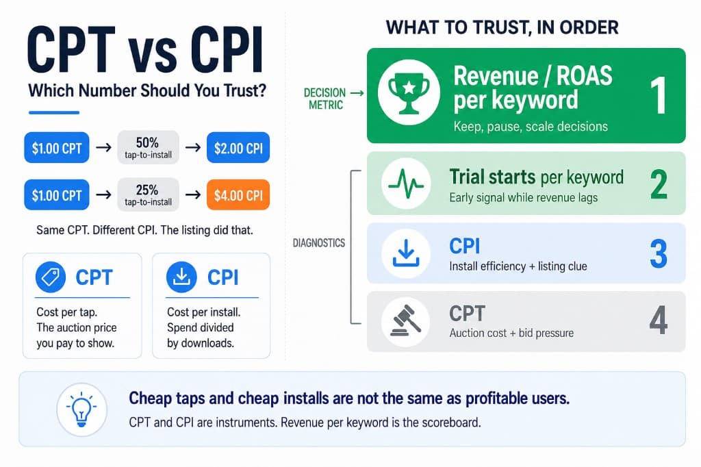 Diagram comparing Apple Search Ads CPT cost per tap with CPI cost per install and revenue per keyword