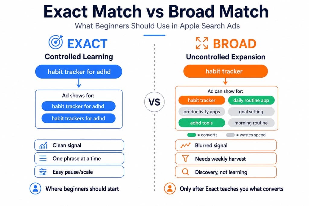 Diagram comparing Apple Search Ads Exact match keywords to Broad match expansion for beginner campaigns